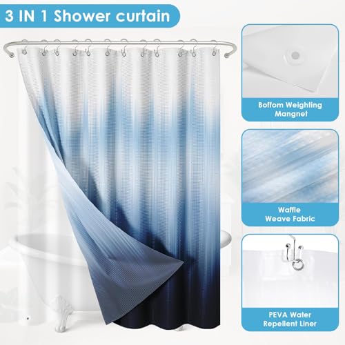3 in 1 Shower Curtain and Liner,72 x 72 inch, Abstract Navy | Teal Inspirational Modern Double Layers Waterproof Fabric with See Through Top Window Open Grommet Bath Curtain - color: Abstract Navy Blue