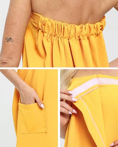 Lightweight Waffle Bath Towel Wraps for Women after Shower | Soft, Knee Length, Adjustable Closure, Thin Robe Body Bathrobes with Pocket for Spa, Gym, Sauna, Beach & Pool - color: 3 Pack Sauna Towel Wrap for Women Yellow