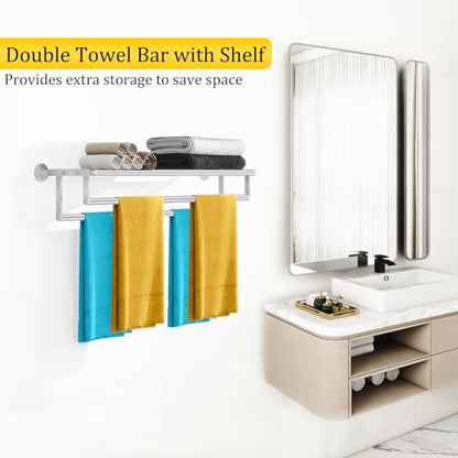 Double Towel Racks for Bathroom, Towel Rack with Shelf, Towel Shelf with Double Towel Bar Brushed Nickel, Wall Mount Towel Holder Stainless Steel, 32 Inch Towel Bar with Shelf - size: 32 Inch