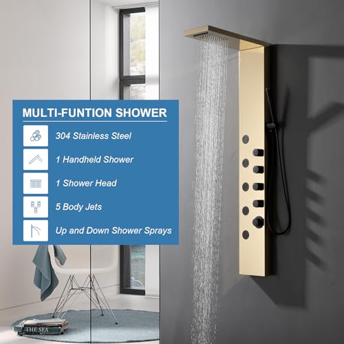 BWE Rainfall Waterfall Shower Panel Tower System Stainless Steel Bathroom Shower Panel with 5 Massage Body Jets Sprays and Handheld Shower,Polished Gold and Black