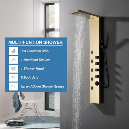 BWE Rainfall Waterfall Shower Panel Tower System Stainless Steel Bathroom Shower Panel with 5 Massage Body Jets Sprays and Handheld Shower,Polished Gold and Black