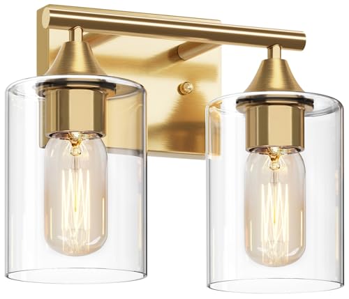 Gold Vanity Lights for Bathroom,2-Light Bathroom Light Fixtures,Brushed Brass Gold Wall Sconce Lighting,Modern Wall Lamp for Mirror Bedroom Vanity Table Hallway - color: Gold, size: 2-Light