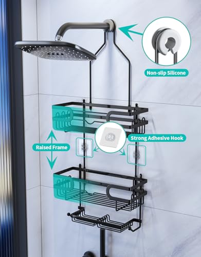 HapiRm Bathroom Hanging Shower Caddy - Rustproof & Waterproof Shower Shelf with 12 Hooks and 2 Soap Holders, No Drilling Bathroom Organizers and Storage - Black - color: Black(Large)