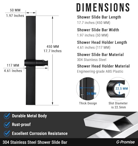 G-Promise No Drilling Metal Shower Slide Bar with Head Holder (Matte Black) | No Drilling Installation, Strong Adhesive Mount, Metal Slide Bar, Height and Angle Adjustable Holder - color: Matte Black