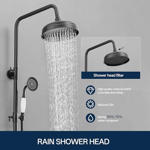 Homevacious Matte Black Outdoor Shower Kit Exposed Shower | 8 Inch High Pressure Rain Shower Head with Hand Spray Bathroom Shower Faucet System Double Knobs Cross Handle 3-function - color: Matte Black, style: 3-Function