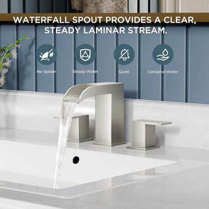 QFN Waterfall Bathroom Faucet 3 Hole 8" Widespread Brushed Nickel 2 Handle | Bathroom Sink Faucet Lead-Free with Pop-up Drain and Supply Lines, Fits 4-12 Inch 3 Hole Install, for Vanity Laundry Restroom - color: Brushed Nickel, style: Waterfall