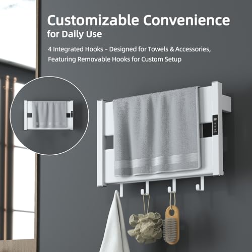 K&KALONZO Electric Heated Towel Rack, 2-Min Heat, Plug-in/Hardwired, H2-W | Wall Mounted, 10 Timers & 3 Heat Levels, 2H Rapid Dry, Anti-Scald, Aerospace Aluminum Towel Warmer for Bathroom, 4 Hooks, - color: White, size: 2-Bar
