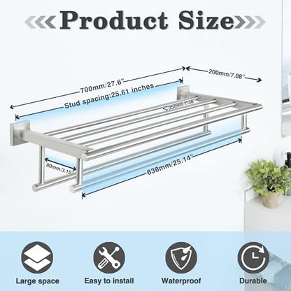 Alise Double Towel Rack for Bathroom Wall Mounted 28 Inch,Brushed Nickel | Bathroom Tower Holder Towel Shelf with Double Towel Bars,SUS304 Stainless Steel Towel Rack with Shelf - color: Brushed Nickel, size: 700mm/28-Inch(Double Bars)