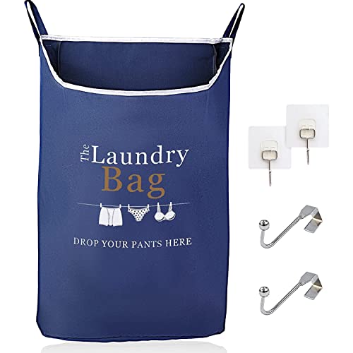 Fine Living Co. Large Hanging Laundry Hamper with Over Door Hooks & Adhesive, Durable Space Saving Laundry Bag with Zipper and Wide Open Top, Hanging Dorm Laundry Hamper (Navy Blue with Print-XL) | Hanging Dorm Laundry Hamper with Over Door Hooks & Adhesi