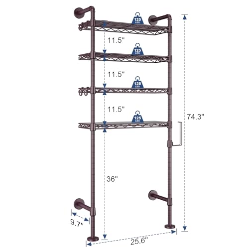K3 Wall Mounted 4-Tier Over the Toilet Storage，Metal Above Toilet Storage with Paper Hook,Over Toilet Bathroom Organizer with Adjustable Shelf，Above Toilet Rack 9.7"Dx 25.6"Wx 74.3"H,Espresso
