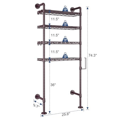K3 Wall Mounted 4-Tier Over the Toilet Storage，Metal Above Toilet Storage with Paper Hook,Over Toilet Bathroom Organizer with Adjustable Shelf，Above Toilet Rack 9.7"Dx 25.6"Wx 74.3"H,Espresso