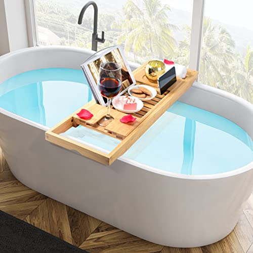 Expandable Bath Tub Tray Table for Luxury Bath, Adjustable Bamboo Bath Caddy Tray with Towel/Wine/Book Holder, Home Bath Accessories