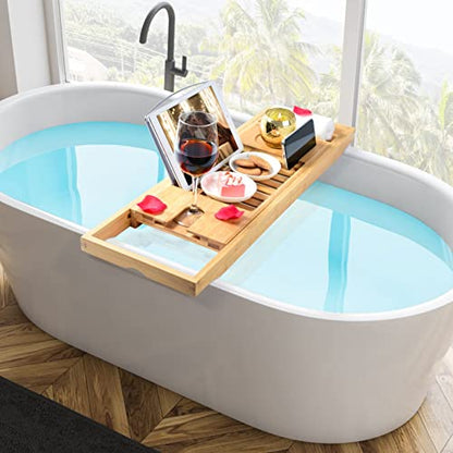 Expandable Bath Tub Tray Table for Luxury Bath, Adjustable Bamboo Bath Caddy Tray with Towel/Wine/Book Holder, Home Bath Accessories