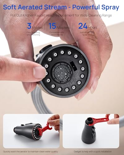 Pull Down Kitchen Faucet Sprayer Head Replacement Part, 15 Connectors, 3 Function Pull Out Sink Sprayer Replacement Nozzle, Kitchen Faucet Head Hose Spray Tap Spout,Oil Rubbed Bronze | 15 Connectors, 3 Function Pull Out Sink Sprayer Replacement Nozzle Par