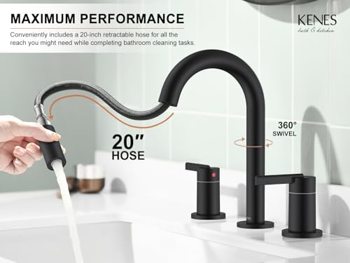 Matte Black Pull Down Widespread Bathroom Faucet 2 Handle 3 Hole | Pull Out Bathroom Faucet with Pop Up Drain & Supply Lines, Lead-Free cUPC & NSF Certified, 8 Inch Faucet for Vanity RV Sink - color: Matte Black