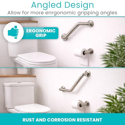 Vive Angled Shower Grab Bar (Supports 440lbs) - ADA Compliant Tub | Bathroom, Bathtub Safety Assist Rail for Handicap, Seniors, Elderly - 16in Grip Handle for Bath and Toilet - Brushed Nickel