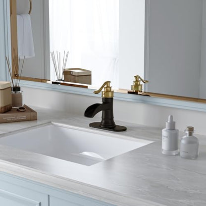 BWE Solid Bass Waterfall Bathroom Sink Faucet, Black & Gold for Farmhouse | Wide Waterfall Spout, Ceramic Cartridge, Fits 1 or 3-Hole Sink, Single Handle, Hardware Kit Included, Not for Vessel Sink - color: Black & Gold