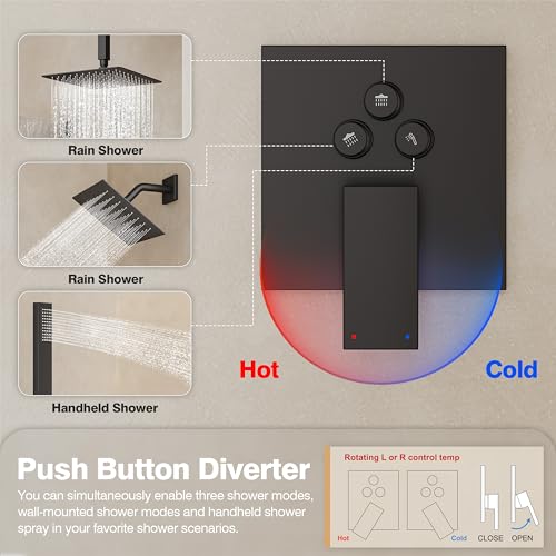 Black Shower System, All Metal Dual Rain Shower Head with Handheld | 3-In-1 Push Button Valve and Trim Kit, Matte Black SUS304 10" Ceiling & 8" Wall Mount Heads, Bathroom Shower Faucet Set - color: Matte Black