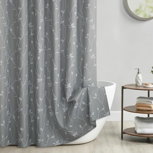 Embroidered Leaf Farmhouse Shower Curtain,Faux Linen,72Wx72L,Grey | Boho Modern Shower Curtain Set, Washable & Waterproof Fabric, Floral Shower Curtains for Bathroom with Hooks - color: Grey