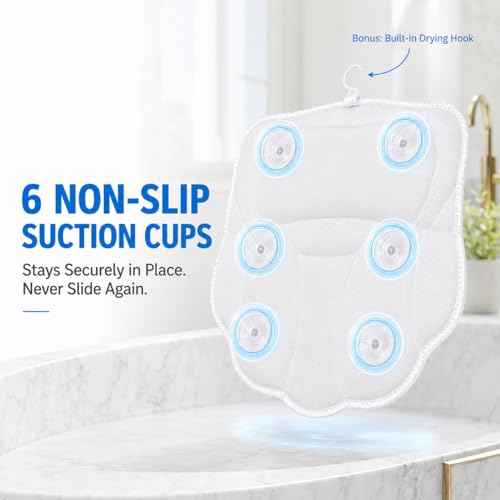 Wavy 4D Air Mesh Bath Pillow for Tub Neck and Back Support | Includes 6 anti-slip suction cups and a built-in hook for quick drying. Excellent ergonomic spa accessories gift for adults.