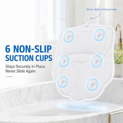 Wavy 4D Air Mesh Bath Pillow for Tub Neck and Back Support | Includes 6 anti-slip suction cups and a built-in hook for quick drying. Excellent ergonomic spa accessories gift for adults.