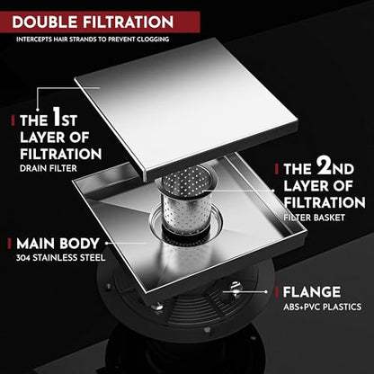 6 Inch Square Shower Drain Brushed Floor Drain with Flange Reversible 2-in-1 Cover Tile Insert Grate Removable SUS304 Stainless Steel CUPC Certified Brushed - color: Brushed, size: 6 Inch
