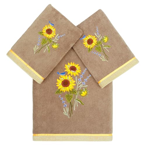 Jubilant 3-Piece Towel Set, Embroidered Sunflower & Lavender, 100% Turkish Cotton, Super Absorbent, Country Charm Decor, 1 Bath 2 Hand Towels, Cocoa - color: Cocoa, size: 1 Pc Bath 2 Pcs Hand Towel
