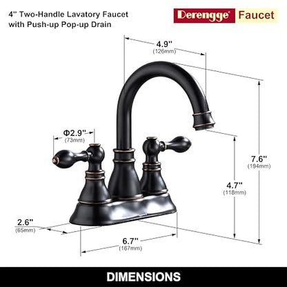 Oil Rubbed Bronze 4 Inch Centerset Bathroom Sink Faucet 3 Hole with Drain | Derengge High Arc Classic 2-Handle Bathroom Sink Faucet, Vanity Lavatory Faucet with 360° Swivel Spout,F-4501-NB - color: Oil Rubbed Bronze