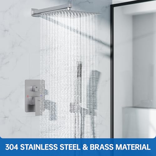 Hawkrown 12 Inch Luxury Rain Shower Faucet Set, Brushed Nickel Shower System with Rainfall Shower Head and Handheld Spray, SUS304 Stainless Steel and Solid Brass Wall Mounted Shower Valve Trim Kit - color: Brushed Nickel, size: 12 Inch
