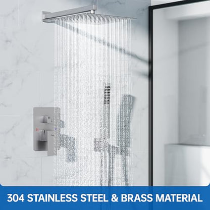 Hawkrown 12 Inch Luxury Rain Shower Faucet Set, Brushed Nickel Shower System with Rainfall Shower Head and Handheld Spray, SUS304 Stainless Steel and Solid Brass Wall Mounted Shower Valve Trim Kit - color: Brushed Nickel, size: 12 Inch