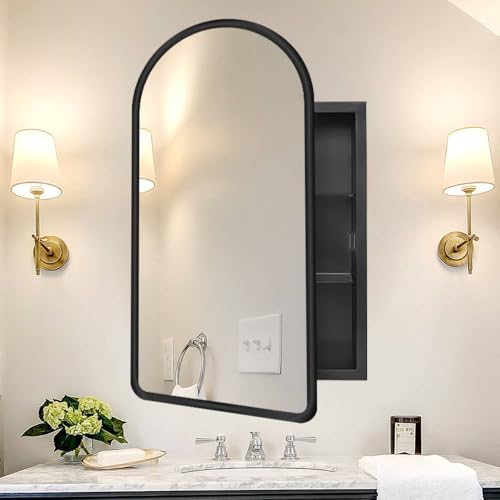Black Arched Medicine Cabinet with Mirror,Recessed Arched Mirror Cabinet | Modern Mirror Cabinet,Surface Mount,Black Metal Framed,Adjustable Shelves,Full Assembled,20x31 Inch,for Bathroom,Bedroom - color: Black