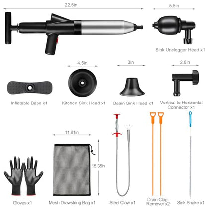Fast Toilet Plunger High Pressure with Storage Bag, Heavy Duty Air Drain Blaster & Unclogger Tool, Clog Remover Kit & Toilet Snake Alternative for Bathroom, Toilets, Sinks, Tubs, Pipes (Black) - size: Toilet plunger-Black