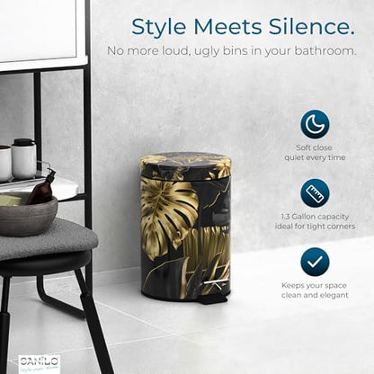 Sanilo Small Bathroom Trash Can with Lid [1.3 Gallon] - Lidded Tiny Trashcan for Garbage - Mini Metal Bin with Soft Closing Mechanism - Bath Room Accessoire Wastebin with Inner Bucket (Golden Leaves) - color: Golden Leaves