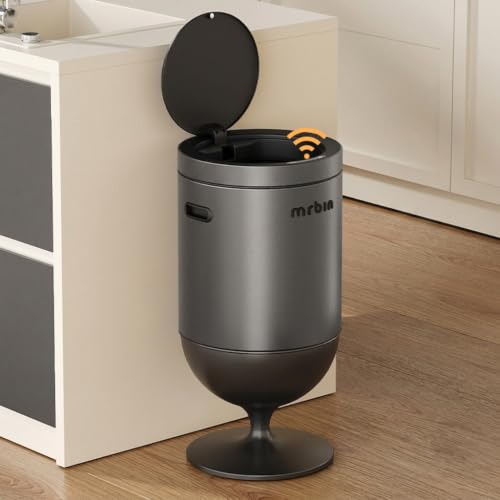 Mrbin Stainless Steel Motion Sensor Trash Can with Lid, 5.3 Gallon Wine Glass Shaped Automatic Waste Basket Touchless, Smart Round Tall Garbage with High Leg for Office, Bedroom, Kitchen, Eclipse Grey - color: Eclipse Grey, style: Wine Glass Style