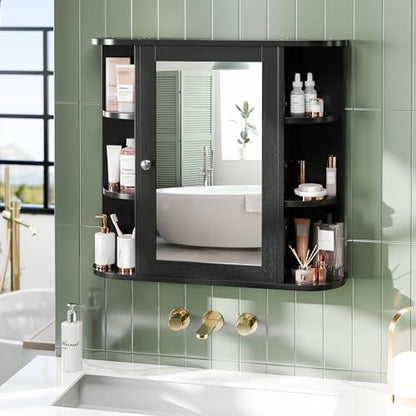 Bathroom Mirror Cabinet Wall Mounted, Bathroom Medicine Cabinet with Mirror and 6 Open Shelves, Modern Wall Cabinet, Black - color: Black