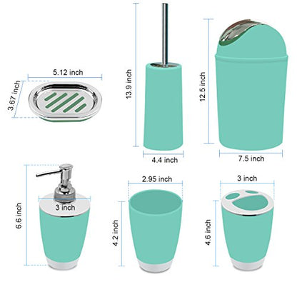 Bathroom Accessories Set, 6-Piece Plastic Gift Set, Toothbrush Holder, Toothbrush Cup, Soap Dispenser, Soap Dish, Toilet Brush Holder, Trash Can (Mint Green) - color: Mint Green