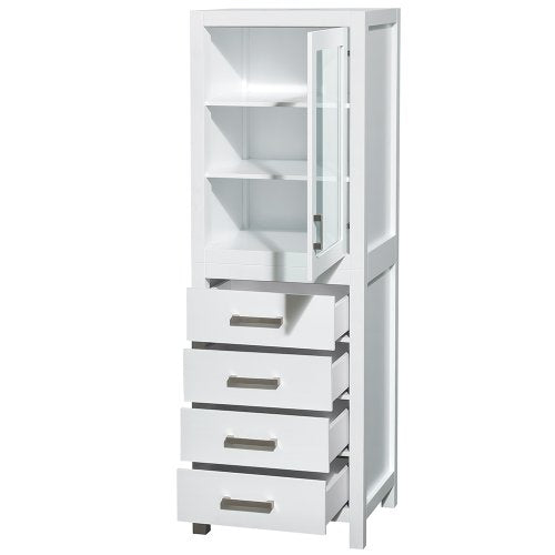 Wyndham Collection Sheffield 24 inch Linen Tower in White with Shelved Cabinet Storage and 4 Drawers - color: White With Brushed Chrome Trim