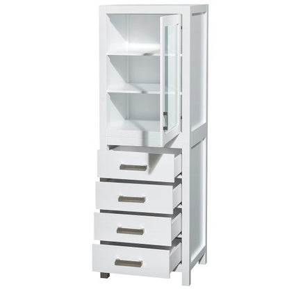 Wyndham Collection Sheffield 24 inch Linen Tower in White with Shelved Cabinet Storage and 4 Drawers - color: White With Brushed Chrome Trim