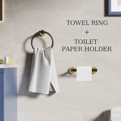 Black and Gold Toilet Paper Holder & Towel Holder Bathroom Hardware Set | SUS304 Stainless Steel Double Post Pivoting Tissue Roll Holder and Hand Towel Ring Set for Bathroom RV by Evolvegoods - color: Black Gold