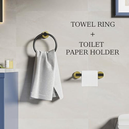 Black and Gold Toilet Paper Holder & Towel Holder Bathroom Hardware Set | SUS304 Stainless Steel Double Post Pivoting Tissue Roll Holder and Hand Towel Ring Set for Bathroom RV by Evolvegoods - color: Black Gold