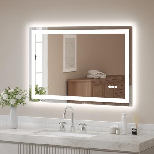 USHOWER 48x32 Inch LED Bathroom Mirror for Over Sink | Tempered Glass - Frameless Backlit Lighted Mirror for Bathroom Vanity with Anti-Fog, 3 Colors Dimmable, Memory Function - size: 48"L x 32"W
