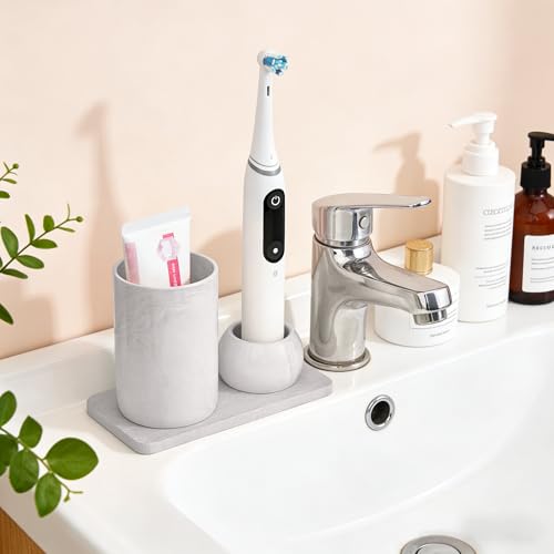 Ceramic Toothbrush Holder & Toothbrush Cup with Diatomite Tray for Bathroom, Bathroom Tumbler Cups Reusable Toothbrush Mouthwash Cup, Shower Counter Storage Organizer (Grey) - color: Grey Combination
