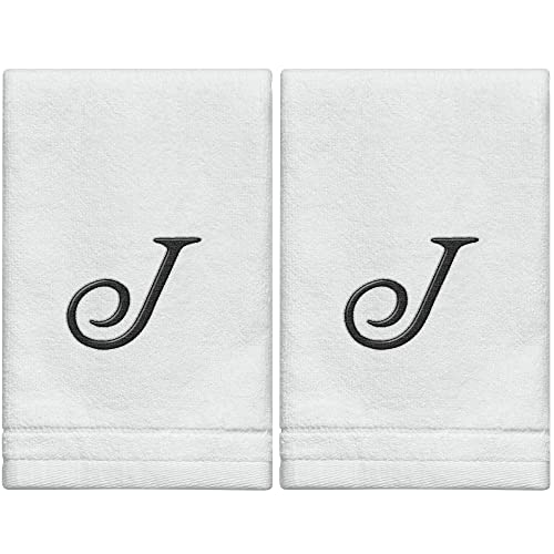 Monogrammed Towels Fingertip, Personalized Gift, 11 x 18 Inches - Set of 2- Black Embroidered Towel - Extra Absorbent 100% Cotton- Soft Velour Finish - For Bathroom/ Kitchen/ Spa- Initial J (White) - color: J