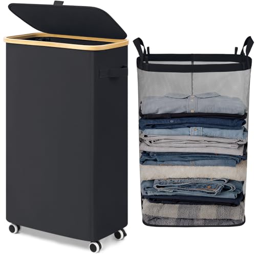 Goodpick 75L Rolling Laundry Basket with Wheels and Lid, Black | 17" × 9.8" × 29.5" Collapsible Laundry Hamper for Clothes & Bedding Storage, Fits Bedroom & Bathroom, Removable Wash Bag - color: Black, size: 75L (17"L x 9.8"W x 29.5"H)
