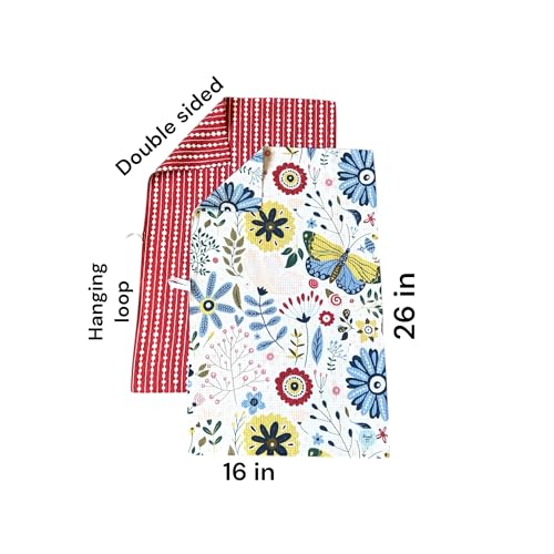 Kitchen Towels, Dish Towels for Kitchen, 2 Pc Kitchen Towel Set | Microfiber Waffle Towels, 16 x 26 inches, with Hanging Loops, Reusable Tea Towels, Cute Kitchen Towels - 2 Pack - color: Red Multi
