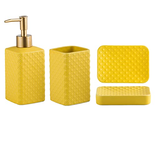 Jessie Bathroom Accessories Set, 3 or 4-Piece Ceramic Bathroom Accessory Set,Soap Dispenser,Toothbrush Holders Set,Tumbler,Soap Dish Embossed Matte Bathroom for Modern Bathrooms (Yellow 3-Piece Suit) - size: Yellow-3 Piece