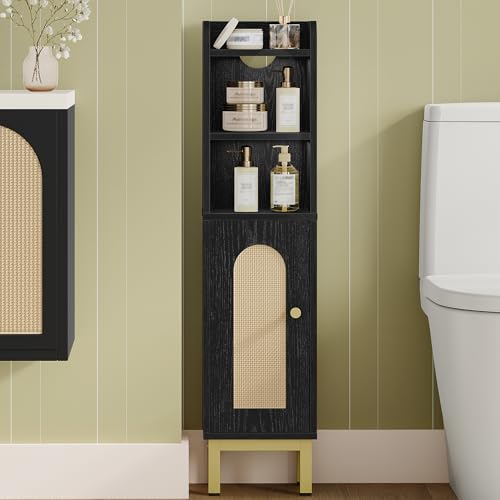 Hzuaneri Bathroom Storage Cabinet, Small Corner Floor Cabinet | Narrow Toilet Paper Holder, Bathroom Organizer with Adjustable Shelf, 2 Doors, for Small Spaces, Rattan Black BC08204Y - color: Rattan Black, size: 7.9"D x 7.9"W x 32.7"H