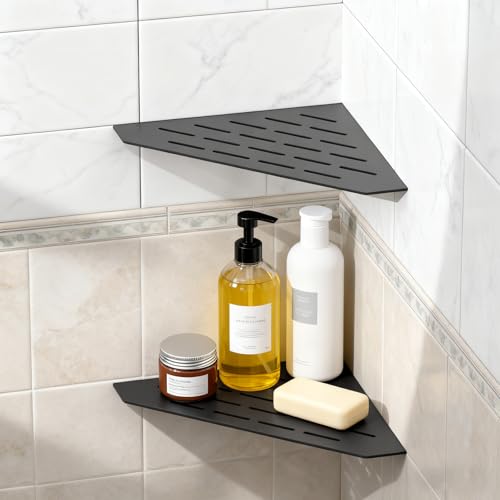 BWE 2 Pcs 10 Inch Corner Shower Shelves Floating Corner Sheves for Wall | 304 Stainless Steel Heavy Duty Recessed Bathroom Shower Shelves Slot Design for Tiled Wall No Drilling Needed Matte Black - color: Matte Black-pentagon