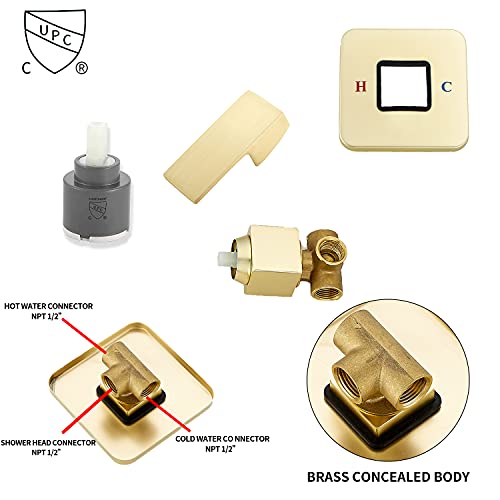 Brushed Gold Shower Faucet GGStudy Single Function Shower Trim Kit with Rough-in Valve Shower Set Bath Rainfall Shower Faucet System 8inch Square Stainless Steel Metal Shower Head - color: Brushed Gold, style: Square