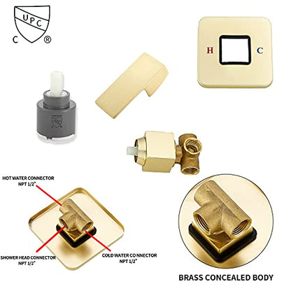 Brushed Gold Shower Faucet GGStudy Single Function Shower Trim Kit with Rough-in Valve Shower Set Bath Rainfall Shower Faucet System 8inch Square Stainless Steel Metal Shower Head - color: Brushed Gold, style: Square